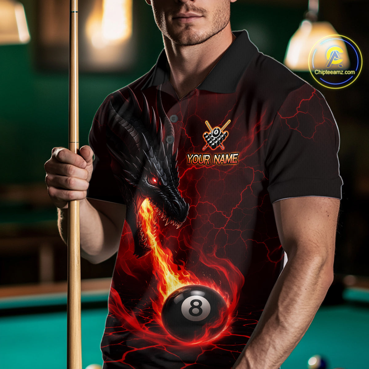 Man wearing a red dragon 8 ball pool fire billiard jersey front view, custom pool team shirt.
