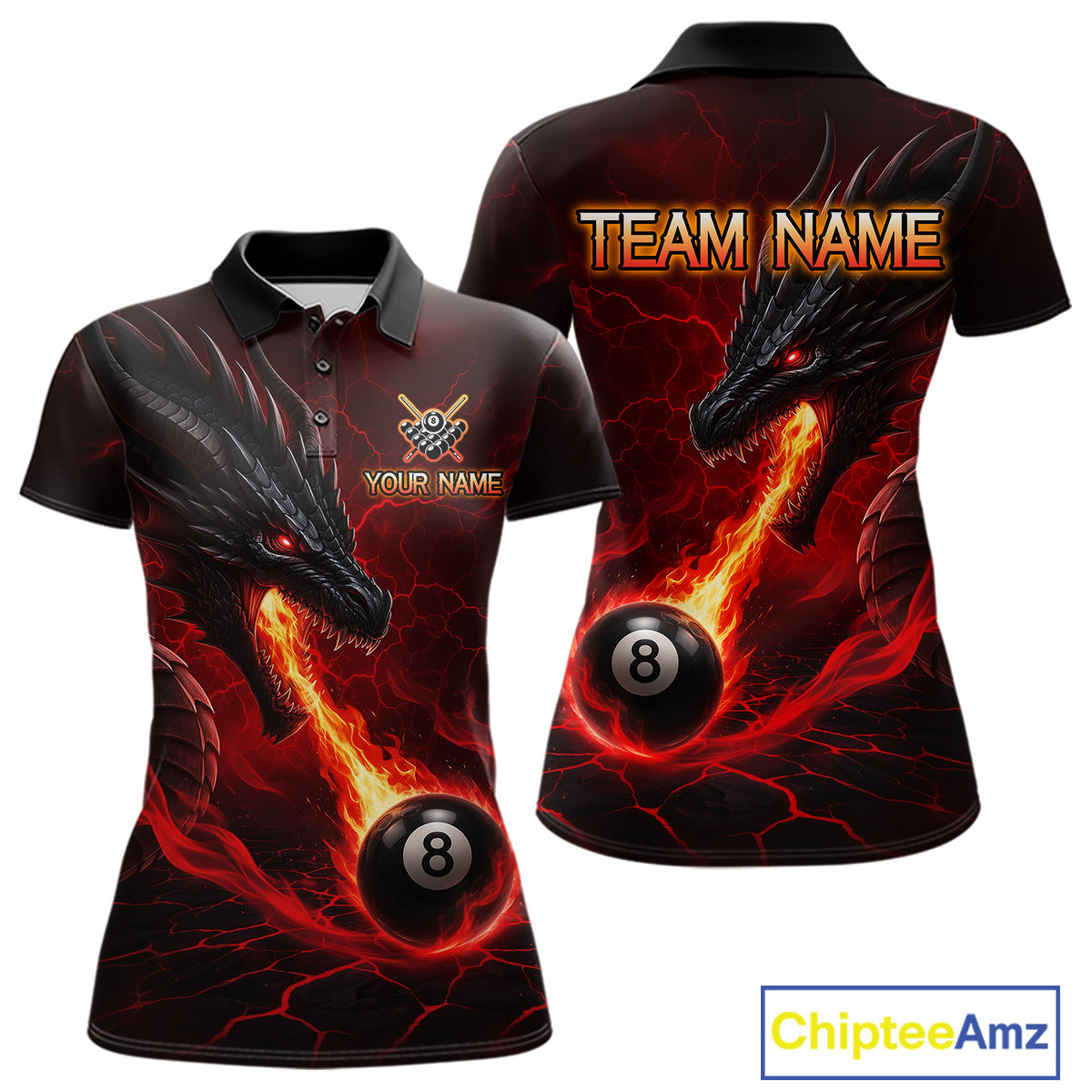 Red dragon 8 ball pool fire custom billiard polo shirt for women, personalized pool team jersey.