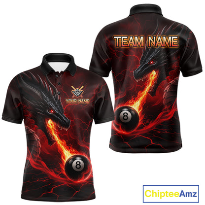 Red dragon 8 ball pool fire custom billiard polo shirt for men, personalized pool team jersey.