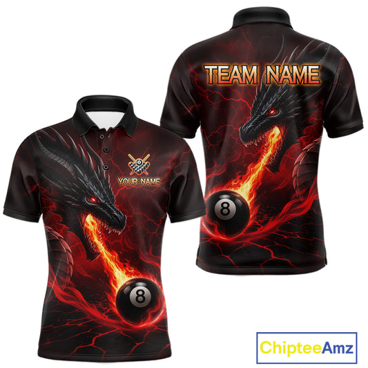 Red dragon 8 ball pool fire custom billiard polo shirt for men, personalized pool team jersey.