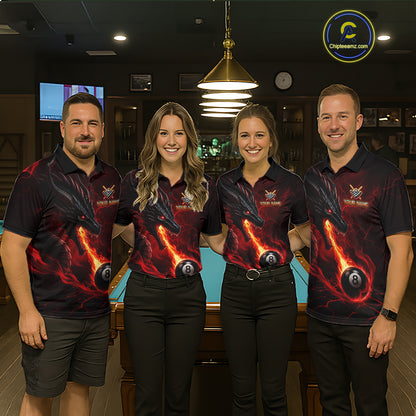 Pool team wearing matching red dragon 8 ball pool fire billiard jerseys front view.