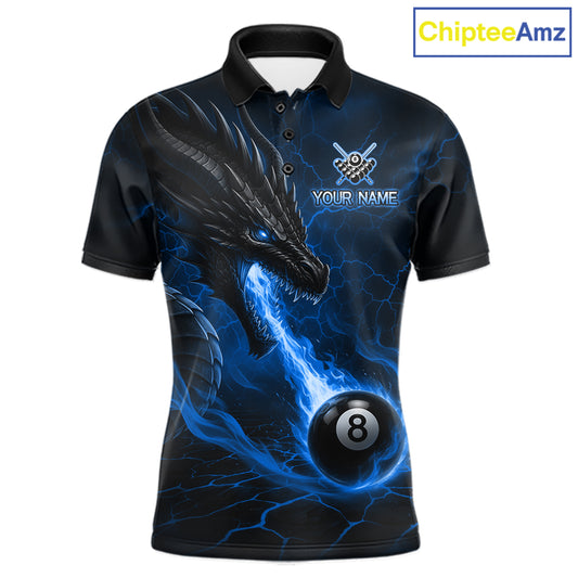 Custom dragon 8 ball pool fire billiard polo shirt for men, blue billiard team jersey with dragon flame artwork.