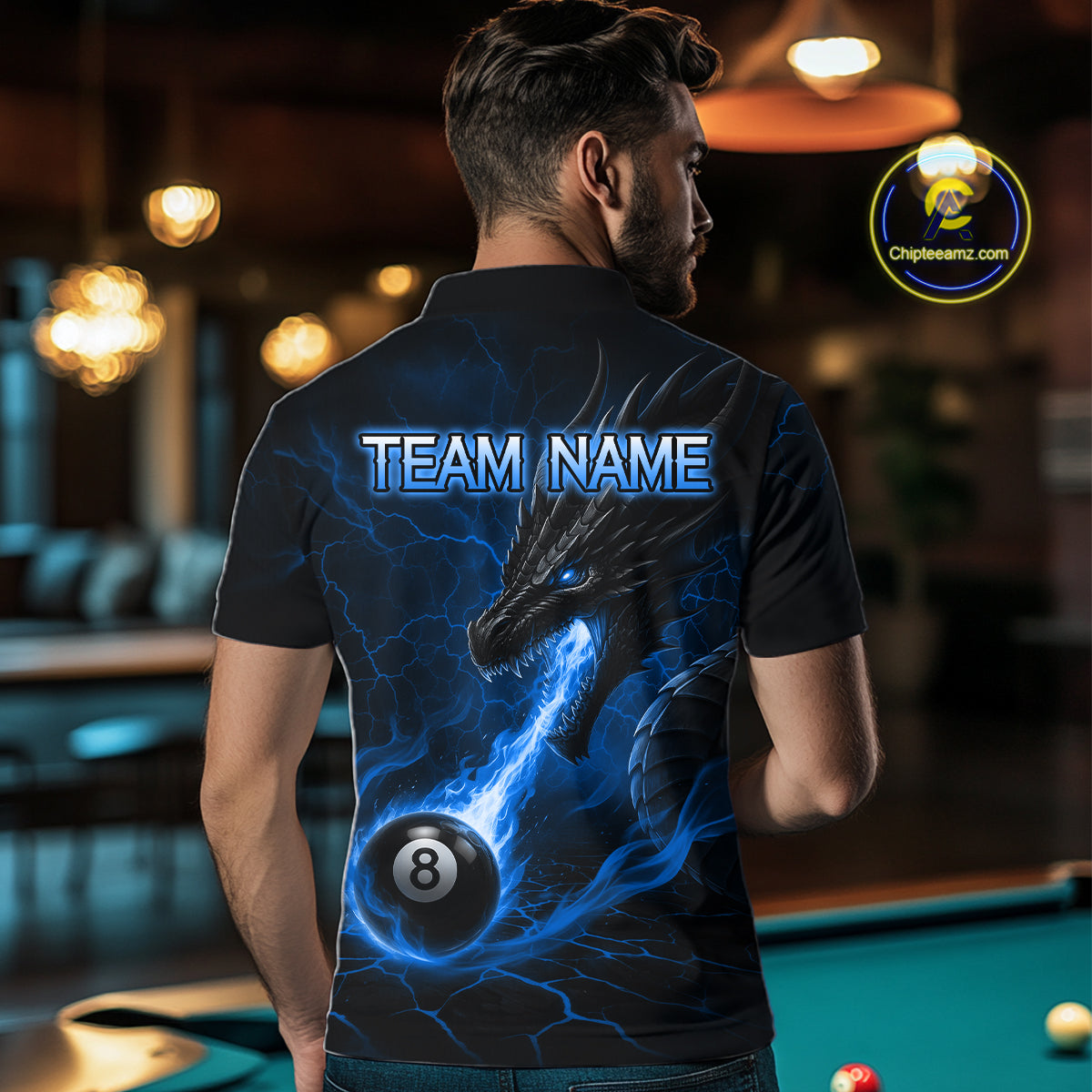 Back view of man wearing a blue dragon 8 ball pool fire billiard team jersey.