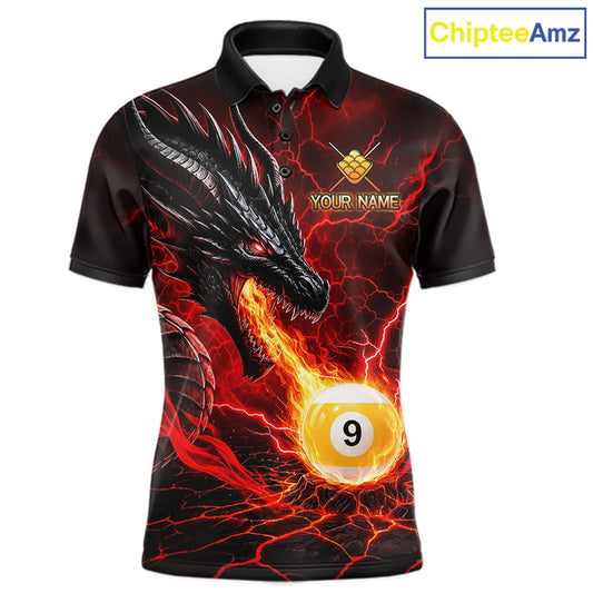Custom dragon 9 ball pool fire billiard polo shirt for men, red billiard team jersey with dragon and flame design.