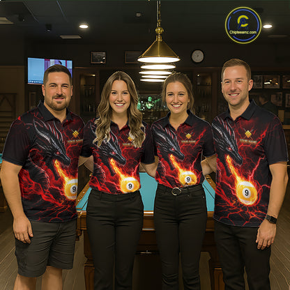 Pool team wearing matching red dragon 9 ball pool fire billiard jerseys front view.