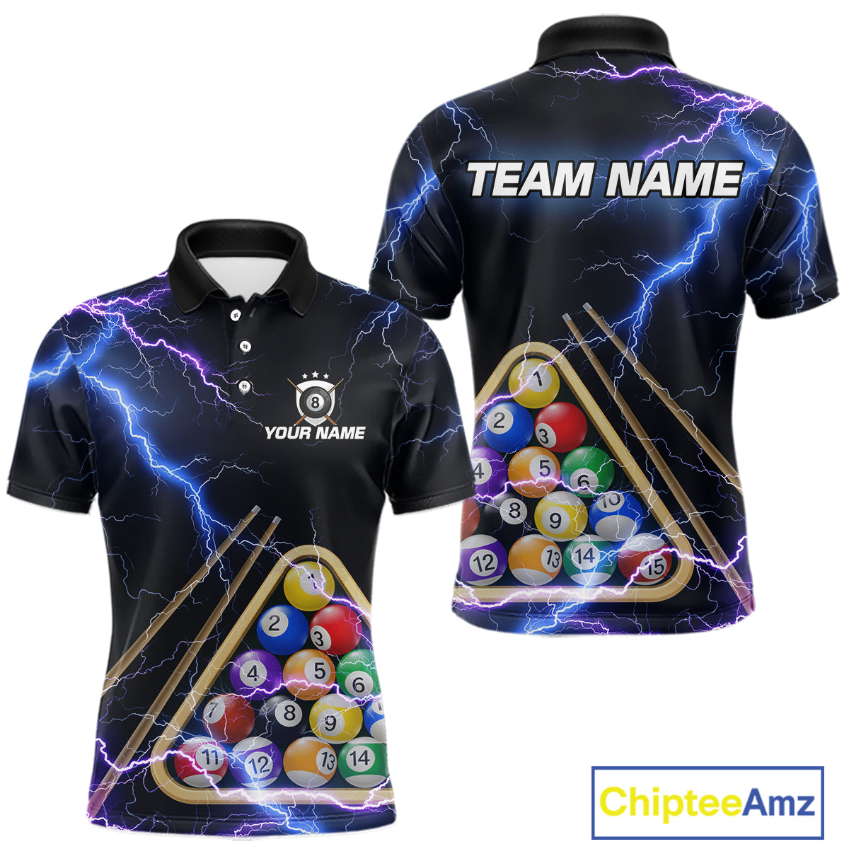 Blue Purple 8 Ball Thunder Lightning Billiard Shirt For Men Custom Pool Team Jersey Polo, 1/4 Zip TDM5982