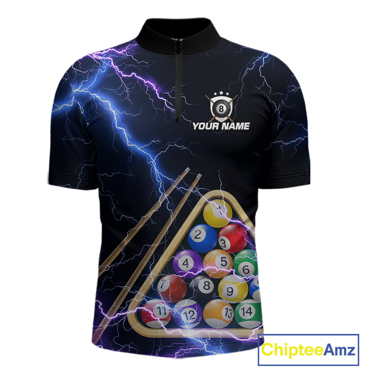 Blue Purple 8 Ball Thunder Lightning Billiard Shirt For Men Custom Pool Team Jersey Polo, 1/4 Zip TDM5982