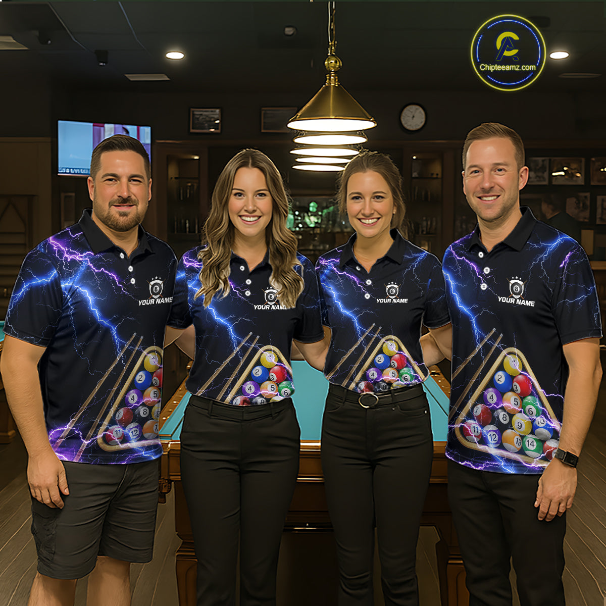 Blue Purple 8 Ball Thunder Lightning Billiard Shirt For Men Custom Pool Team Jersey Polo, 1/4 Zip TDM5982