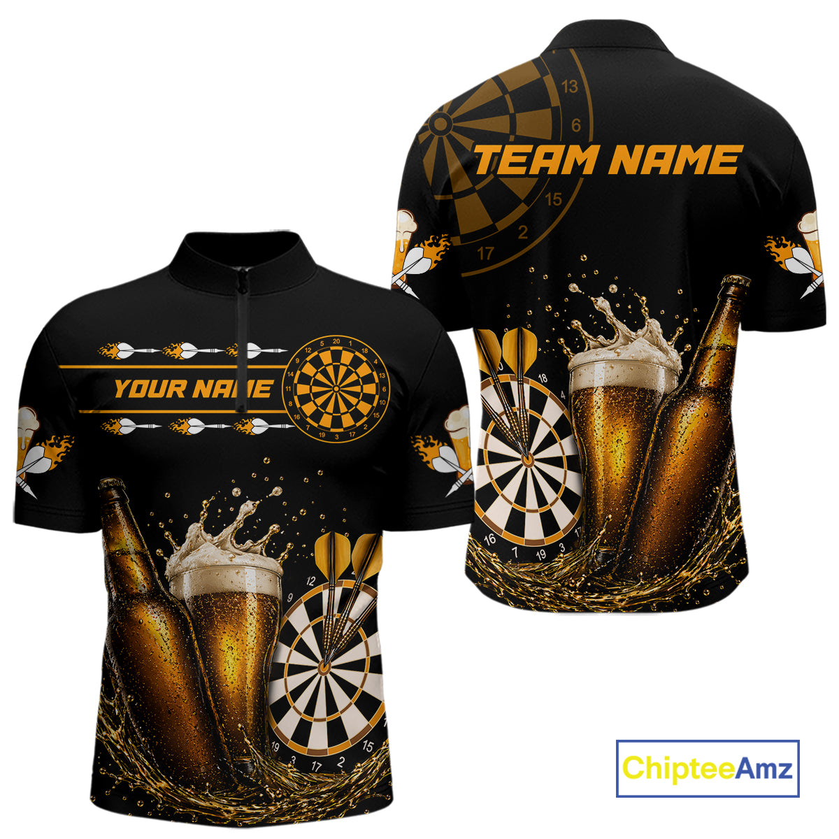 Custom Yellow Funny Dartboard Beer Darts Shirt For Men, Darts Team Jersey Polo & Quarter Zip TDM6453