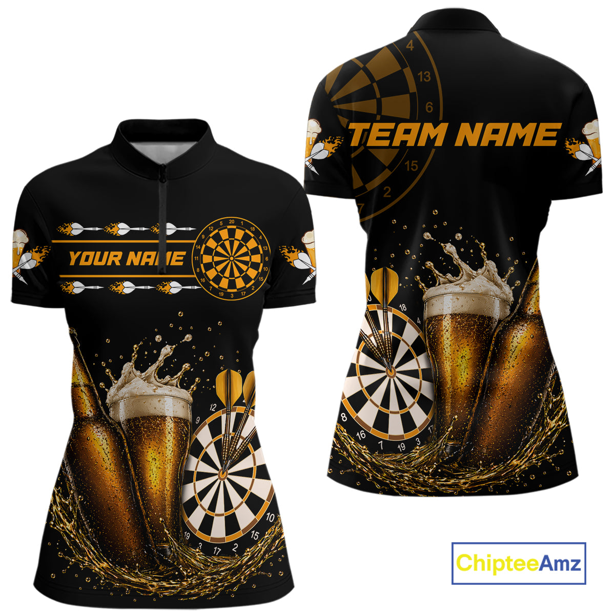 Custom Yellow Funny Dartboard Beer Darts Shirt For Women, Darts Team Jersey Polo & Quarter Zip TDM6453