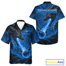 Load image into Gallery viewer, Personalized dragon bowling Hawaiian shirt with blue fire flame design, custom bowling league team shirt for men.