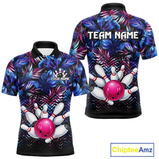 Custom Blue And Pink Tropical Floral Bowling Shirt For Men, Bowling Team Jersey Polo & 1/4 Zip TDM6222