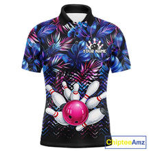Load image into Gallery viewer, Custom Blue And Pink Tropical Floral Bowling Shirt For Men, Bowling Team Jersey Polo &amp; 1/4 Zip TDM6222