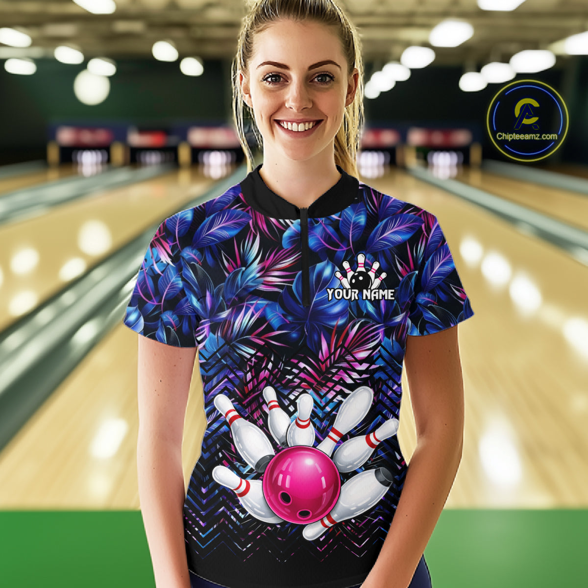 Custom Blue And Pink Tropical Floral Bowling Shirt For Women, Bowling Team Jersey Polo & 1/4 Zip TDM6222