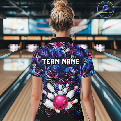 Custom Blue And Pink Tropical Floral Bowling Shirt For Women, Bowling Team Jersey Polo & 1/4 Zip TDM6222