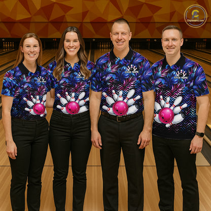 Custom Blue And Pink Tropical Floral Bowling Shirt For Men, Bowling Team Jersey Polo & 1/4 Zip TDM6222