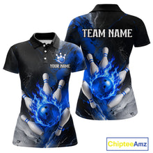 Load image into Gallery viewer, Black and blue flaming bowling team polo shirt for women.