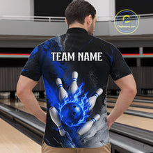 Load image into Gallery viewer, Man wearing black and blue flaming bowling quarter zip shirt back view.