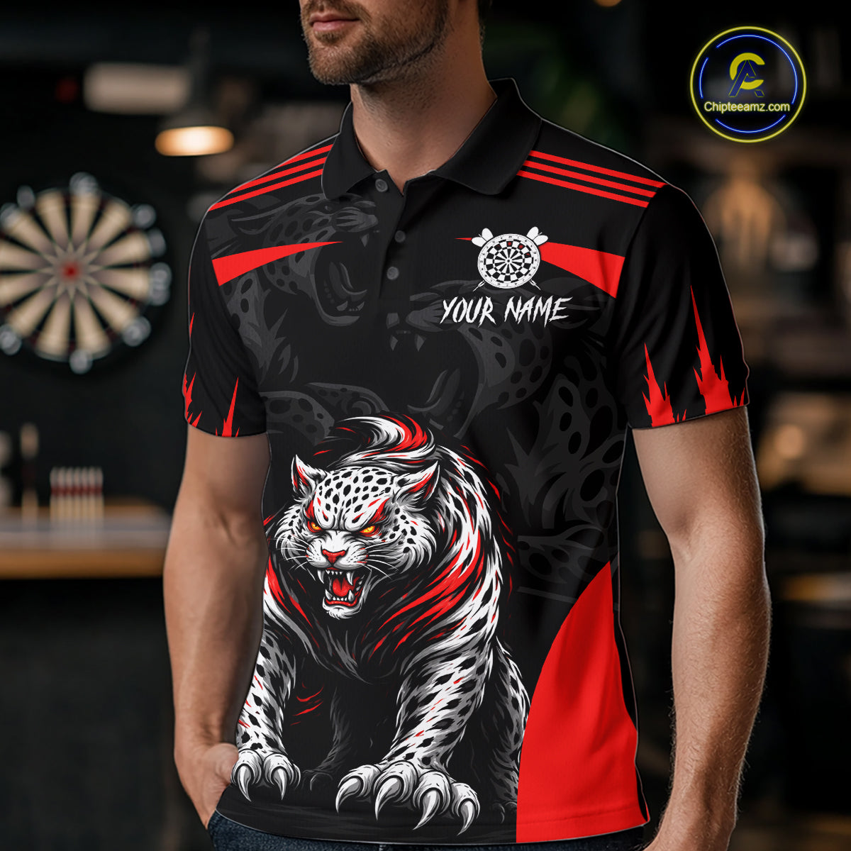 Black And Red Custom Leopard Darts Shirt For Men, Darts Team Jersey Polo & Quarter Zip TDM5625
