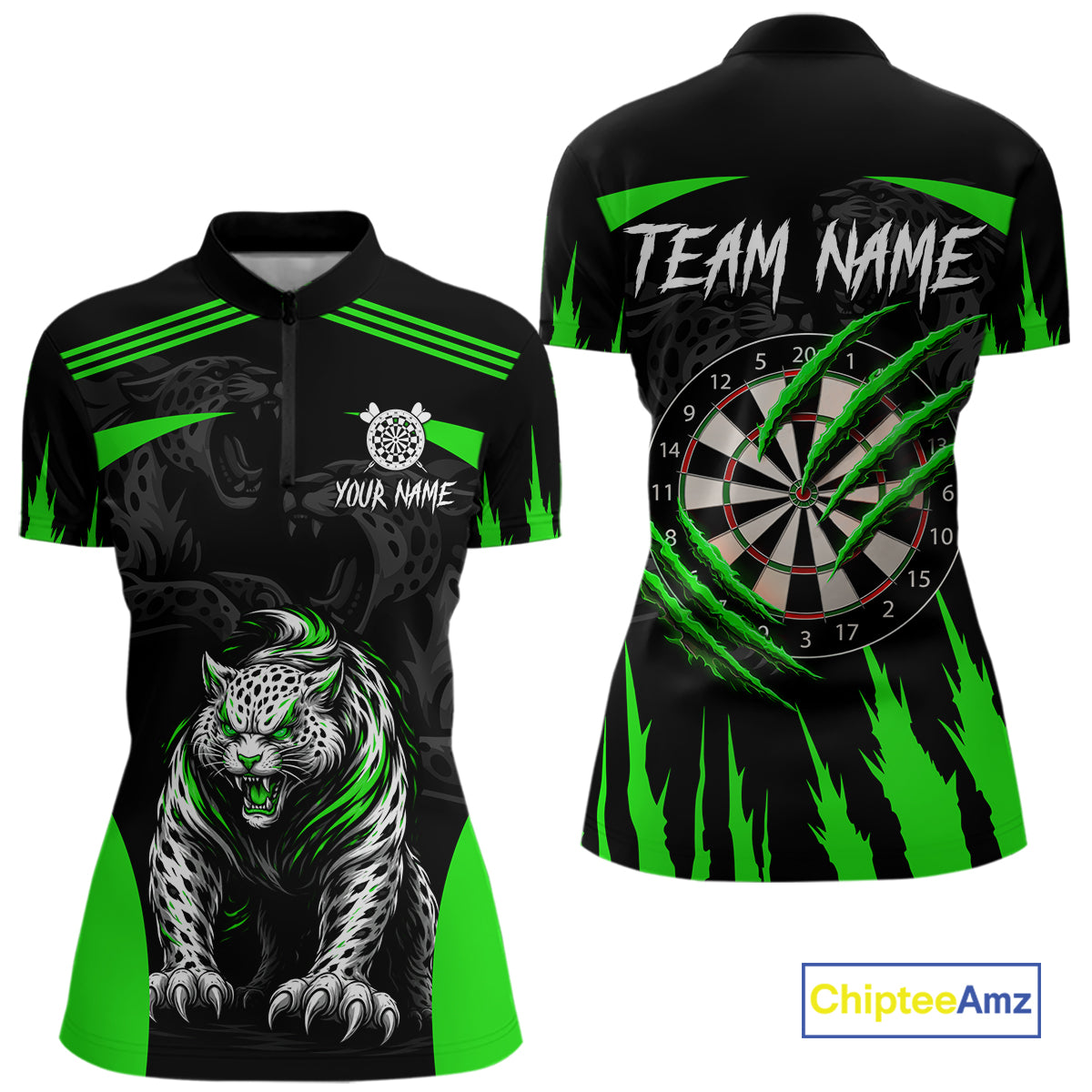 Black And Green Custom Leopard Darts Shirt For Women, Darts Team Jersey Polo & Quarter Zip TDM5627