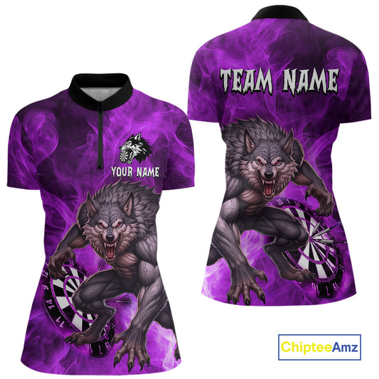 Purple Flaming Wolf Darts Shirt For Women Custom Darts League Jersey Team Polo & Quarter Zip TDM5358