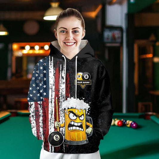Funny Angry Beer 8 Ball & 9 Ball Billiard Hoodie Custom American Flag Pool Hoodie Team Jersey TDM5636