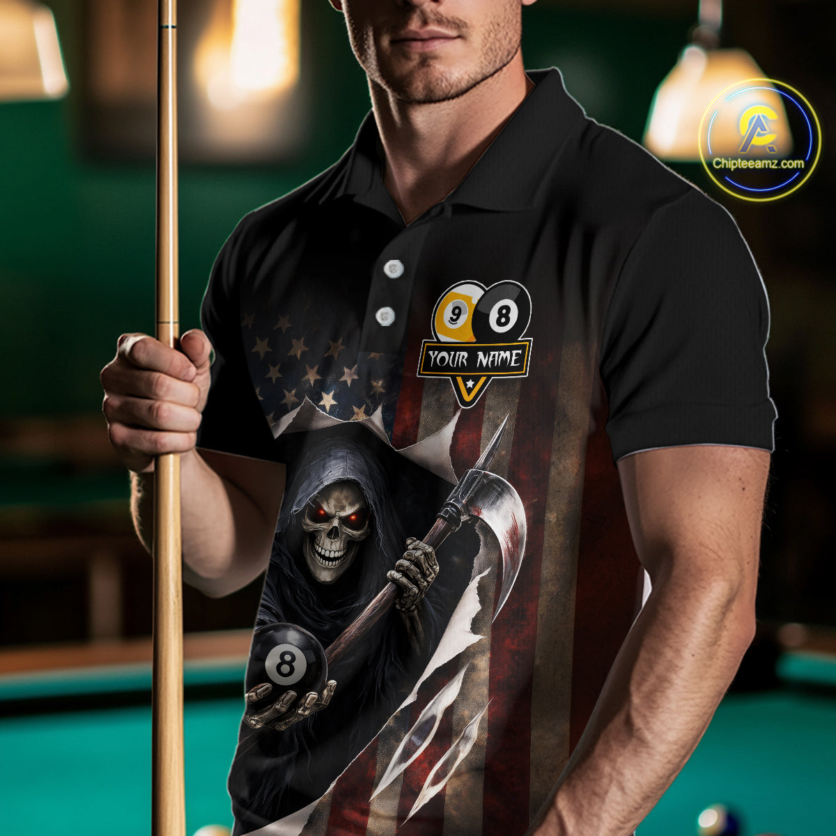 Grim Reaper 8 Ball & 9 Ball Pool American Flag Billiard Shirt For Men Custom Billiard Team Jersey TDM5638