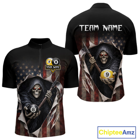 Grim Reaper 8 Ball & 9 Ball Pool American Flag Billiard Shirt For Men Custom Billiard Team Jersey TDM5638