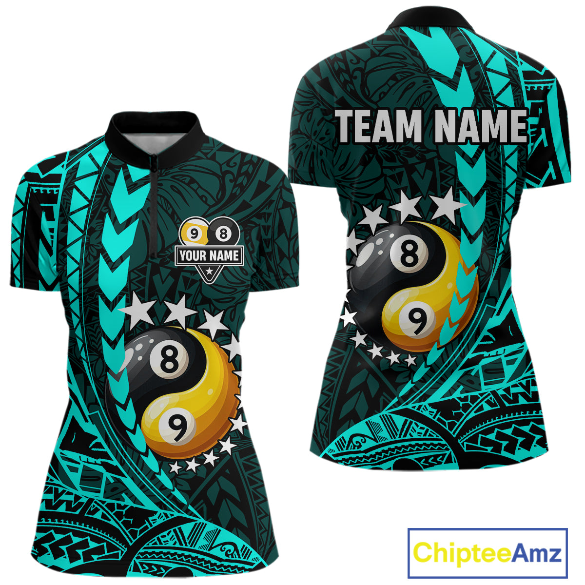 Custom Turquoise Tribal 8 Ball & 9 Ball Yin-Yang Billiard Shirt For Women, Funny Pool Team Jersey TDM5844