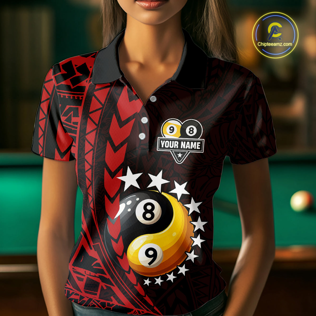 Custom Red Tribal 8 Ball & 9 Ball Yin And Yang Billiard Shirt For Women, Funny Pool Team Jersey TDM5846