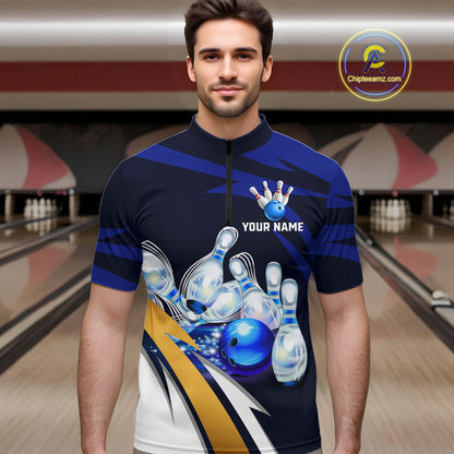 Personalized Blue Strike Ball Bowling Shirt For Men Custom Team Bowling Jersey Polo & 1/4 Zip TDM6243