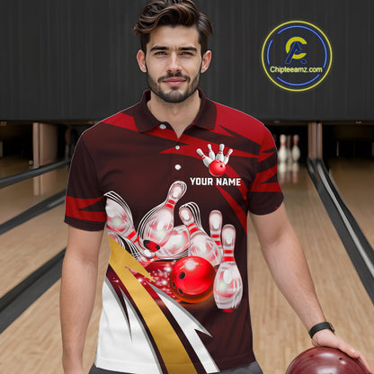 Personalized Red Strike Ball Bowling Shirt For Men Custom Team Bowling Jersey Polo & 1/4 Zip TDM6244