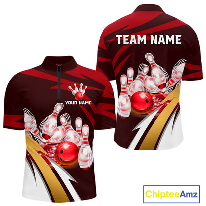 Personalized Red Strike Ball Bowling Shirt For Men Custom Team Bowling Jersey Polo & 1/4 Zip TDM6244
