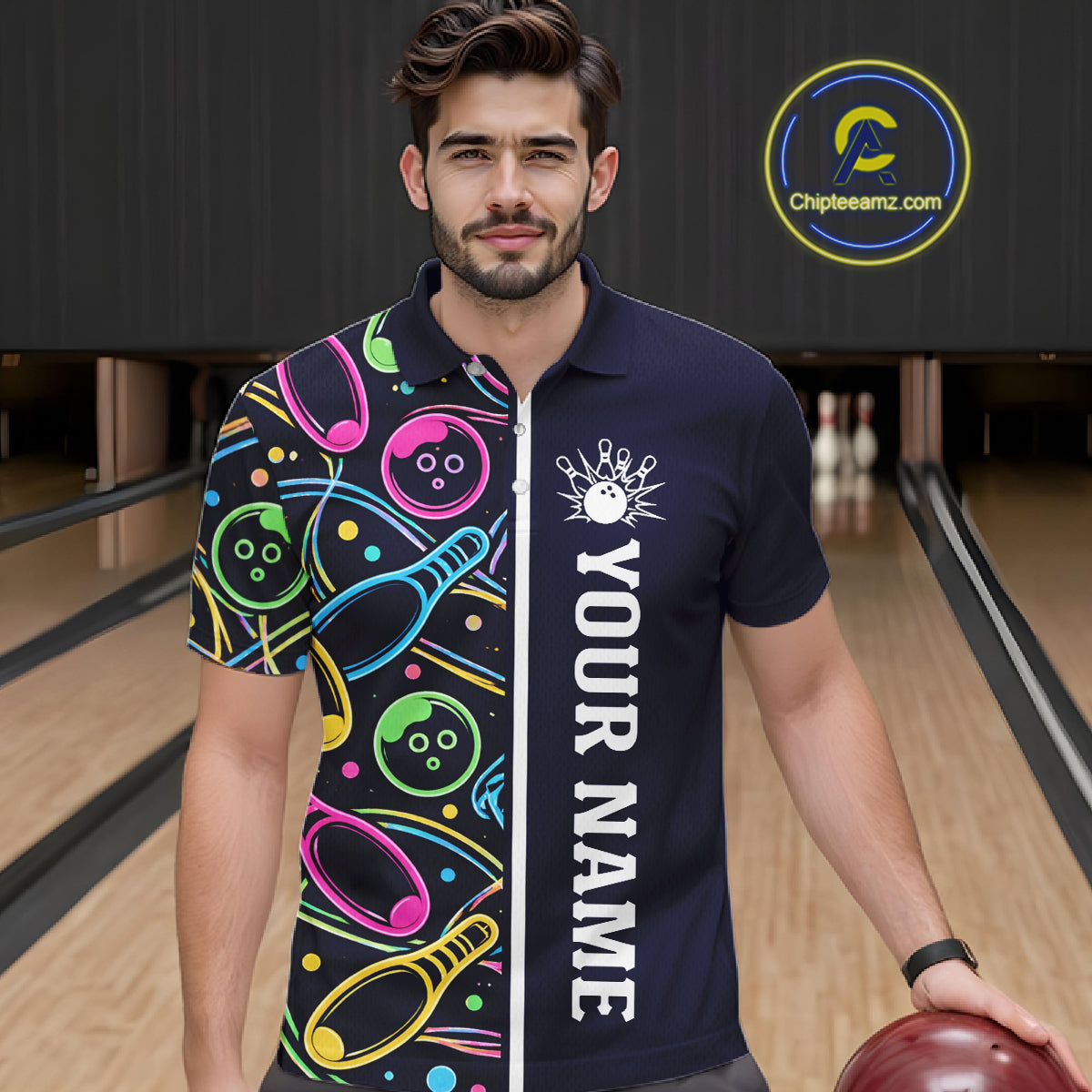 Personalized Funny Neon Bowling Shirt For Men, Retro Bowling Team Jersey Polo & 1/4 Zip | Navy Blue TDM6460
