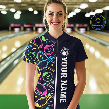 Personalized Funny Neon Bowling Shirt For Women, Retro Bowling Team Jersey Polo & 1/4 Zip | Navy Blue TDM6460