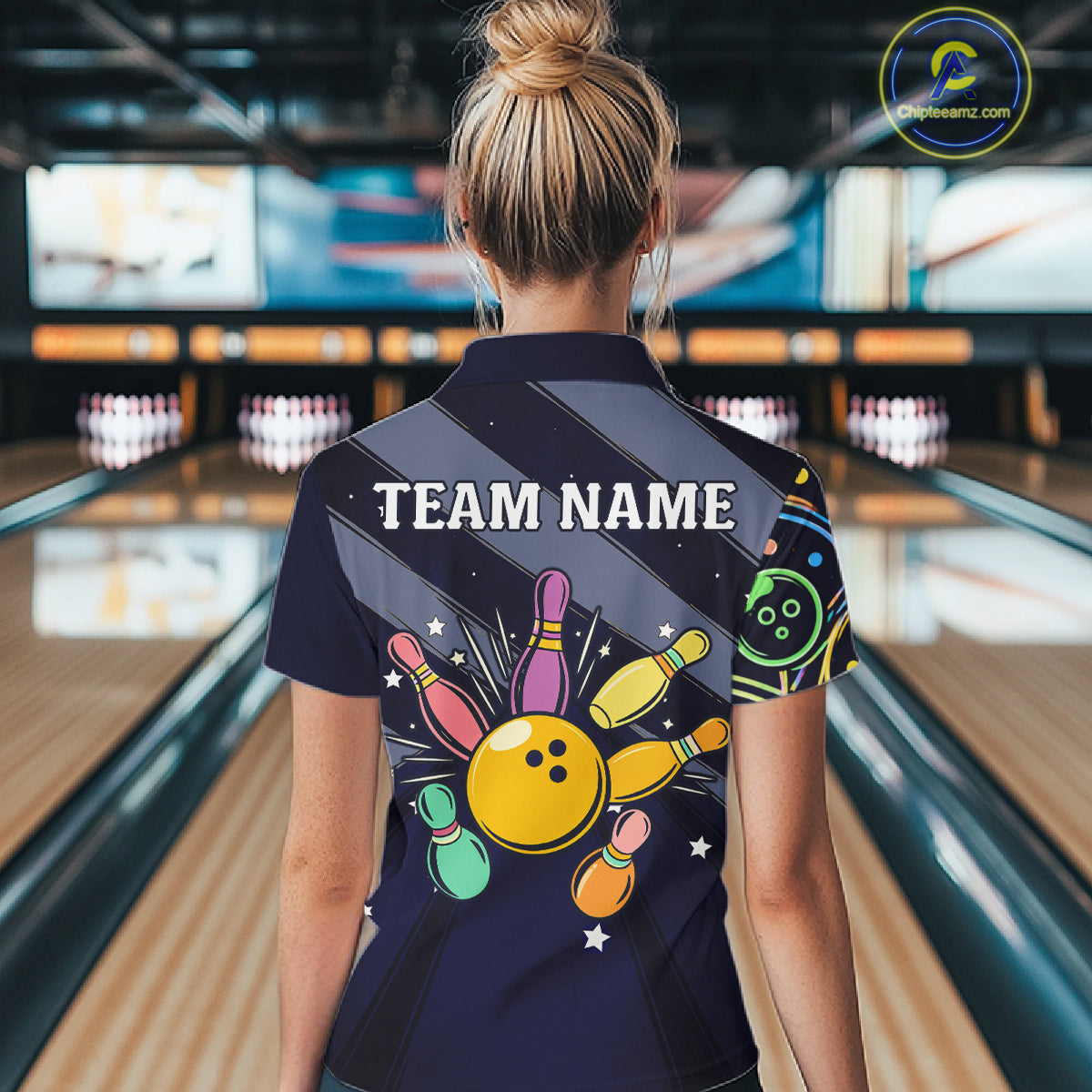 Personalized Funny Neon Bowling Shirt For Women, Retro Bowling Team Jersey Polo & 1/4 Zip | Navy Blue TDM6460