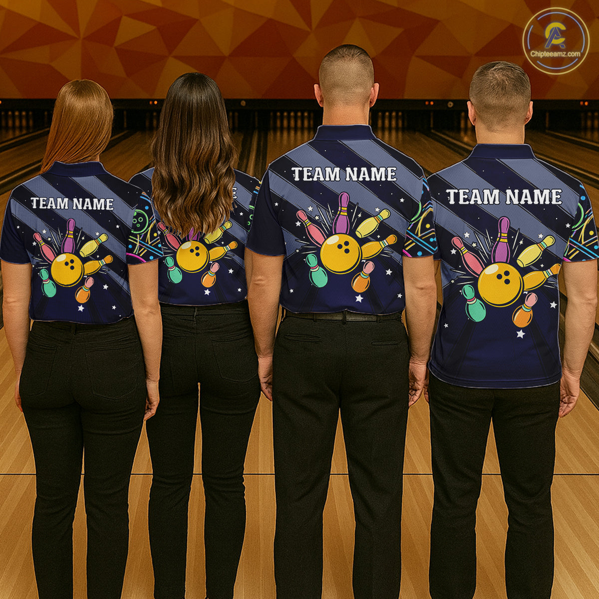 Personalized Funny Neon Bowling Shirt For Men, Retro Bowling Team Jersey Polo & 1/4 Zip | Navy Blue TDM6460