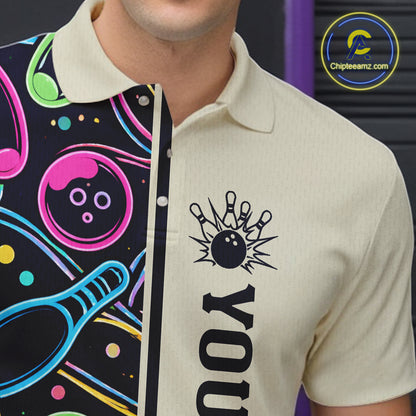 Personalized Funny Neon Bowling Shirt For Men, Retro Bowling Team Jersey Polo & 1/4 Zip TDM6461