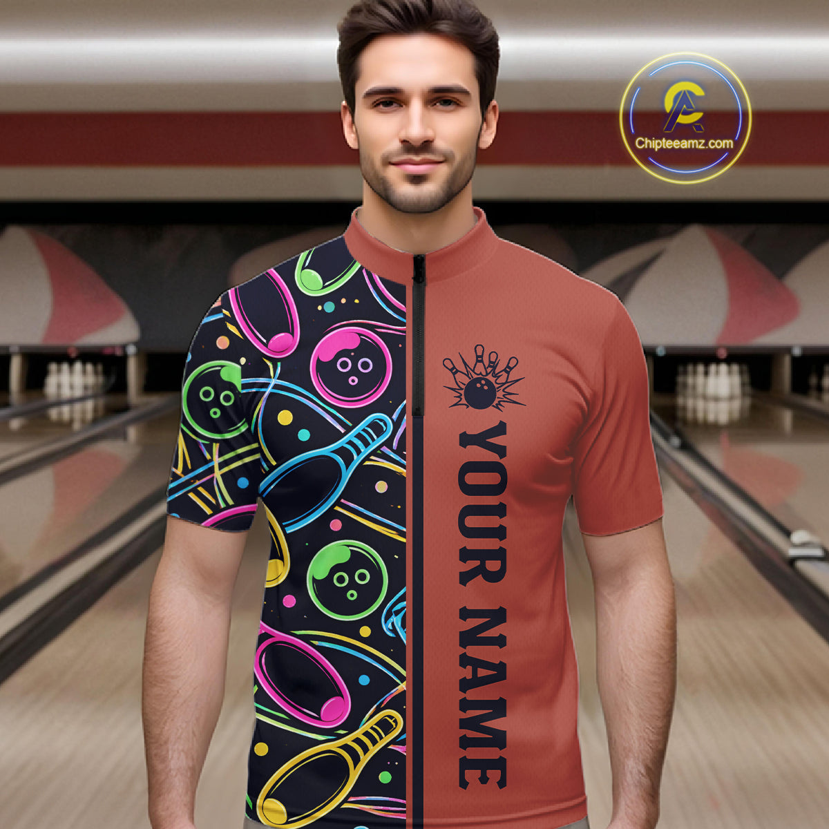 Personalized Funny Neon Bowling Shirt For Men, Retro Bowling Team Jersey Polo & 1/4 Zip | Orange TDM6462