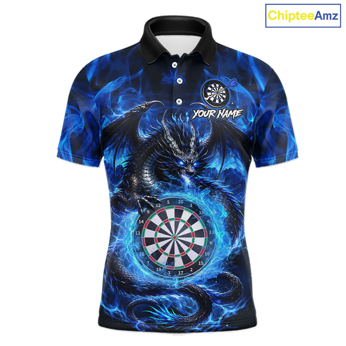 Personalized blue flame dragon darts polo shirt for men with bold league graphics and custom team style.
