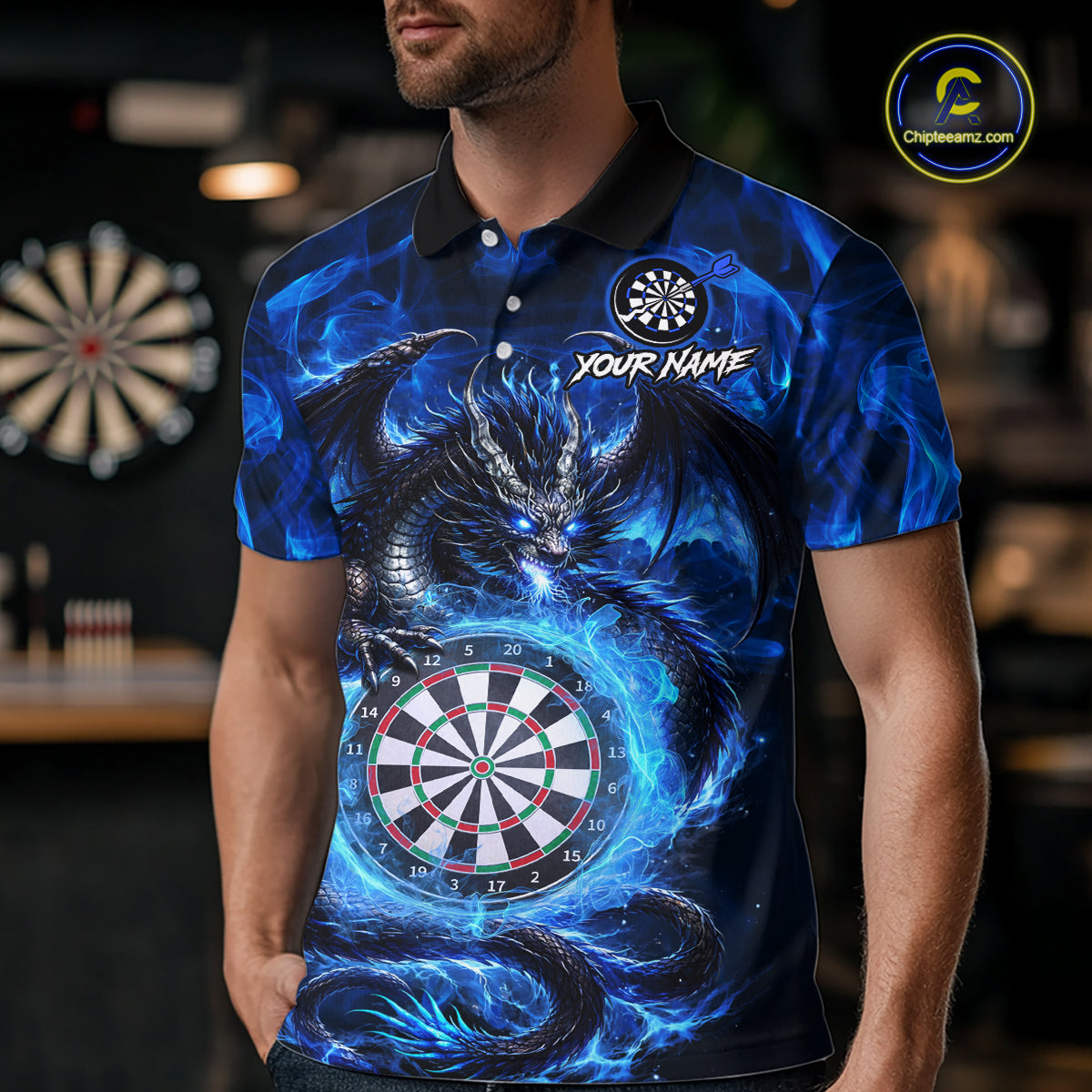 Man wearing a blue flame dragon darts polo shirt during darts league play front view.