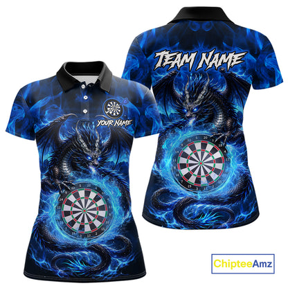 Personalized blue flame dragon darts polo shirt for women with vibrant fire and dragon inspired design.