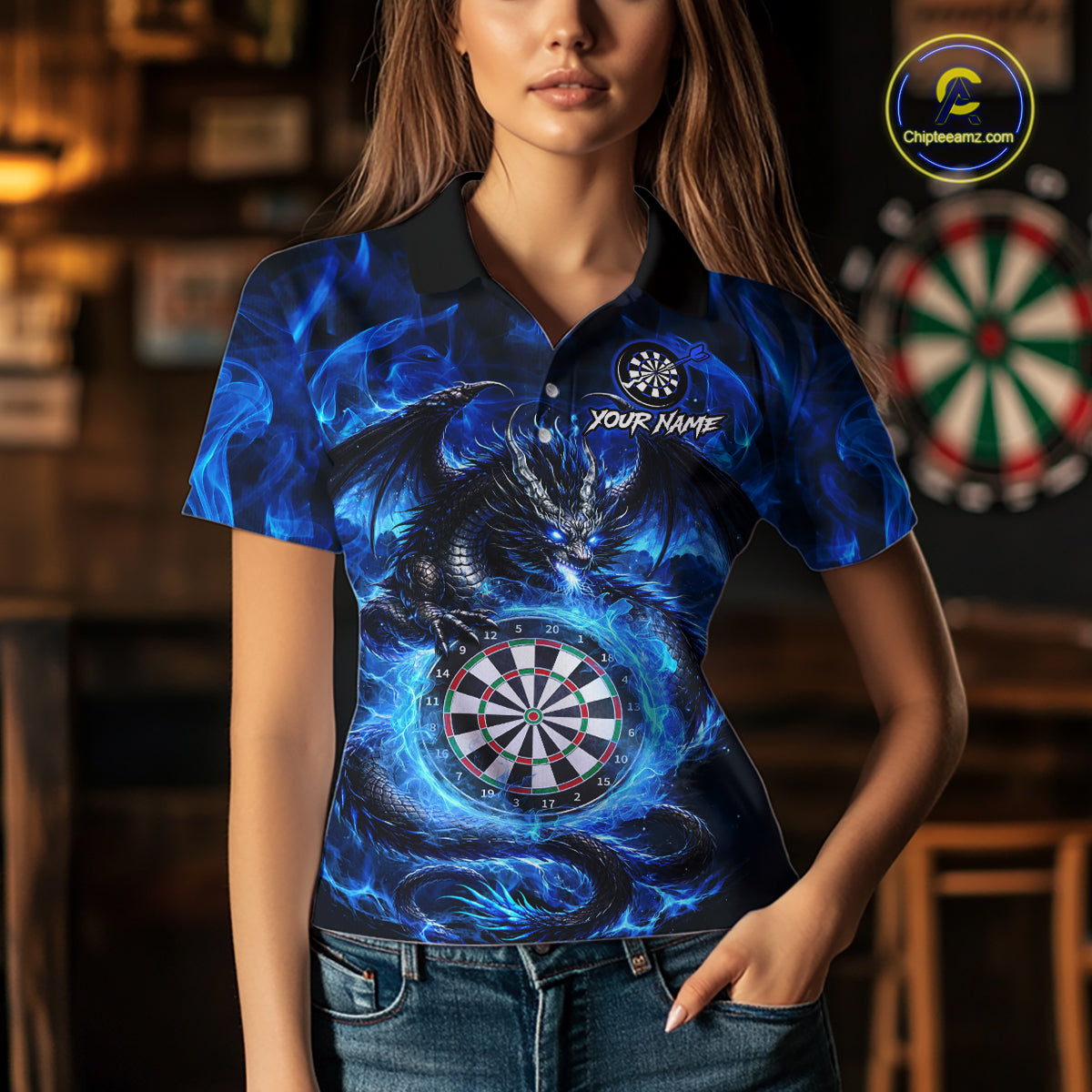 Woman wearing a blue flame dragon darts polo shirt during darts league play front view.