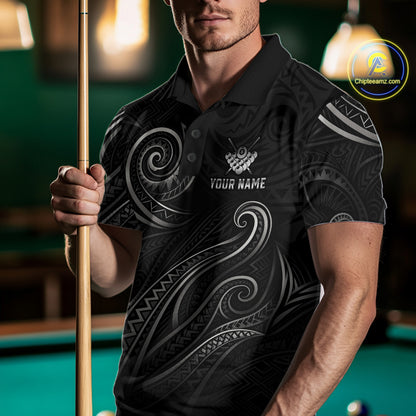 Man wearing a personalized flame 8 ball billiard polo shirt during pool league play front view.