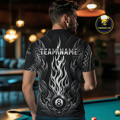 Back view of man wearing a tribal flame 8 ball billiard shirt inside a billiards hall.