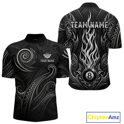 Personalized flame 8 ball billiard quarter zip shirt for men built for pool tournaments and competitive play.