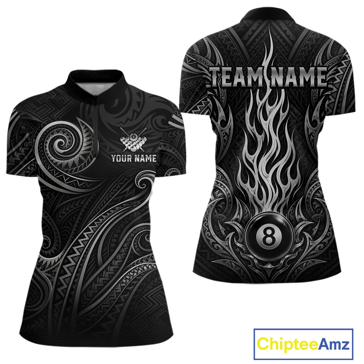 Personalized flame 8 ball billiard quarter zip shirt for women built for pool tournaments and competitive play.