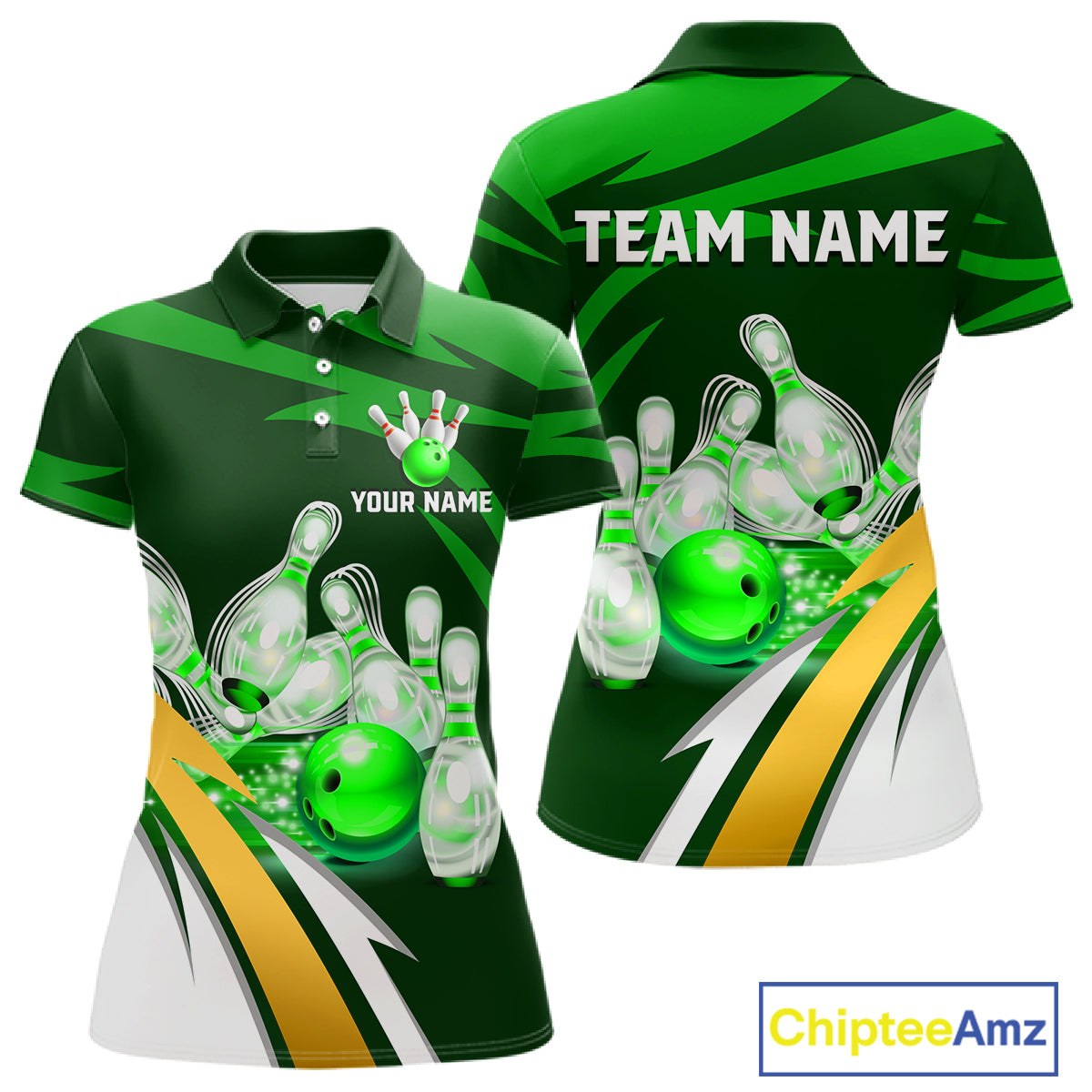 Personalized green strike ball bowling team jersey polo shirt for women featuring a vibrant green strike bowling ball design, premium custom bowling league apparel.