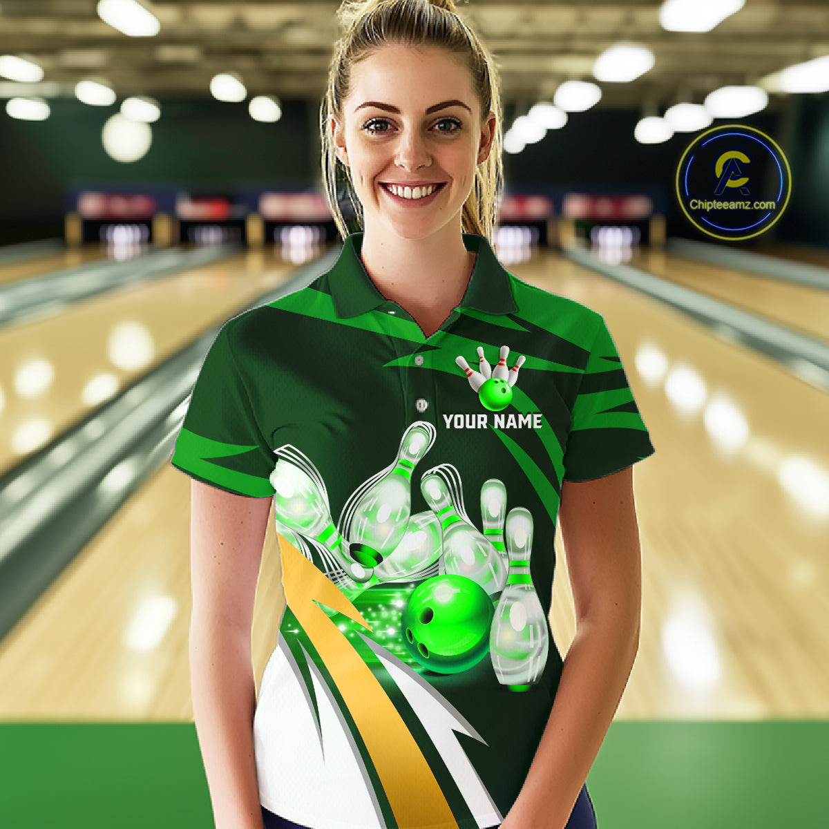 Woman wearing personalized green strike ball bowling team jersey polo shirt featuring green strike ball artwork, front view.