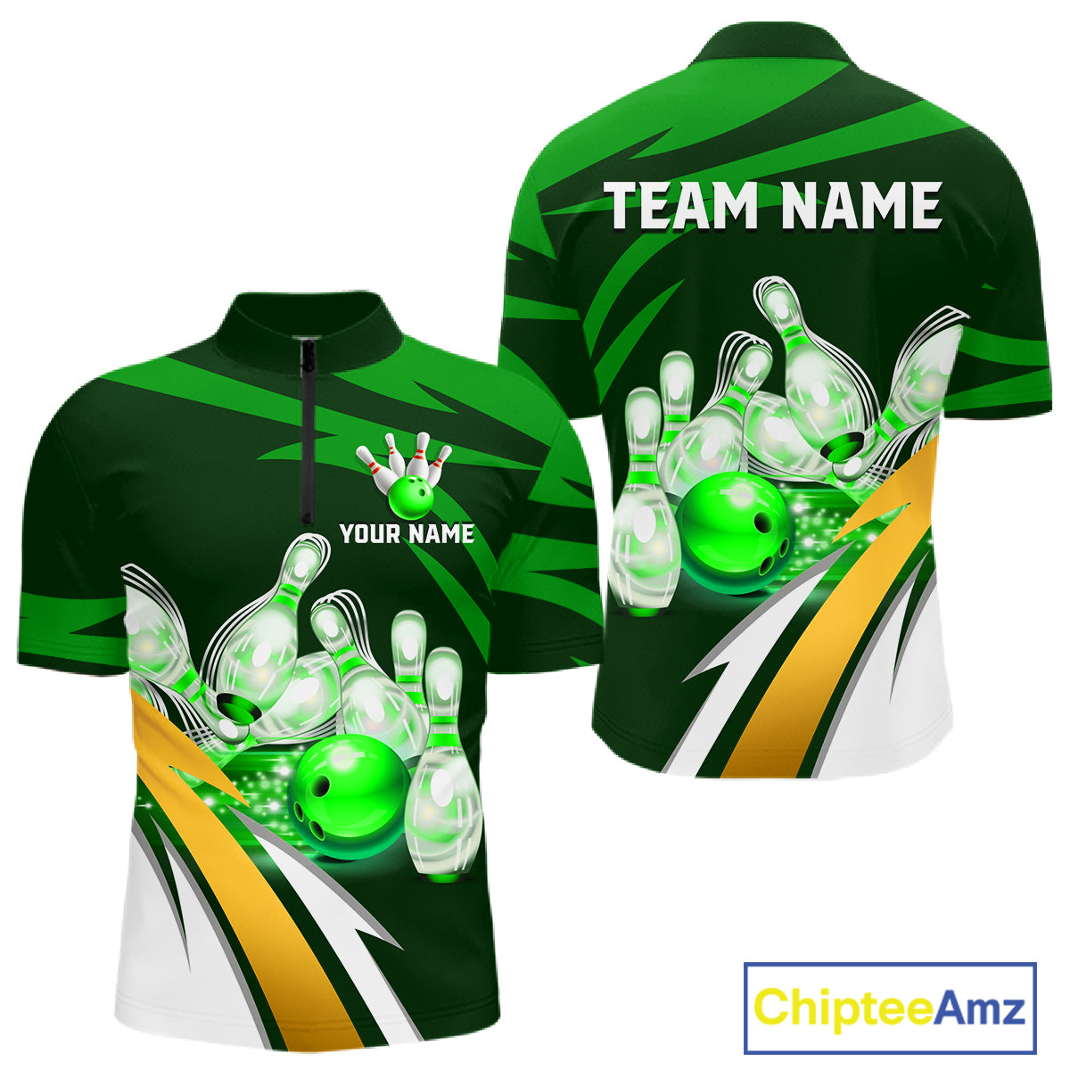 Personalized green strike ball bowling team jersey quarter zip shirt for men featuring green strike bowling ball artwork, premium custom bowling apparel.